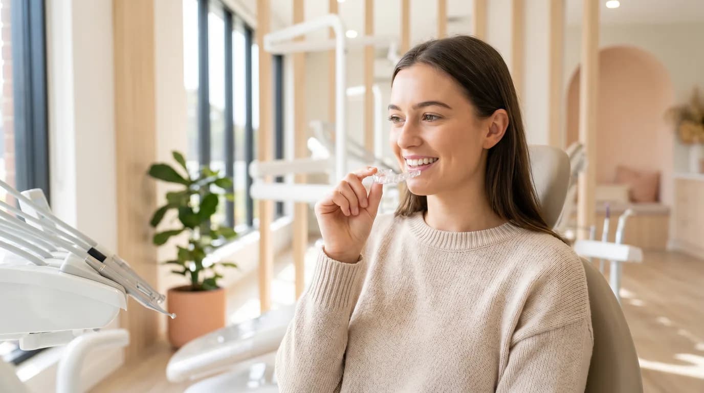 Şeffaf plağı (aligner) eline alıp gülümseyen genç bir hasta ve modern ortodonti kliniği