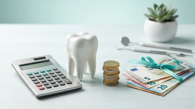 Dental tooth model and a calculator next to euro coins and banknotes on a clinic desk