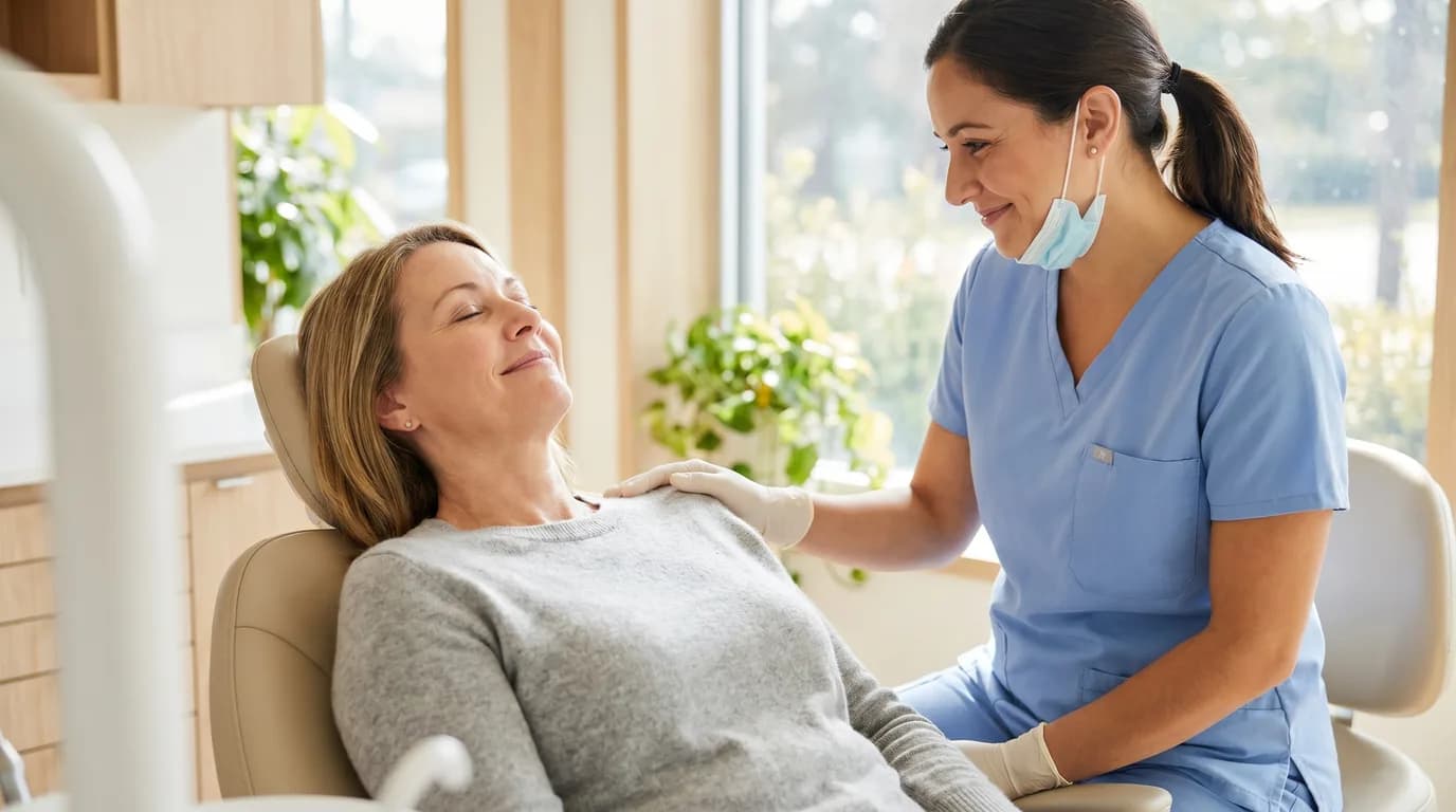 Diş koltuğunda rahat ve huzurlu bir hasta, yanında güler yüzlü diş hekimi — ağrısız implant deneyimi