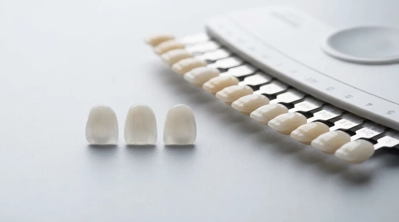 Three veneer samples — porcelain, E-max and zirconia — lined up next to a dental shade guide