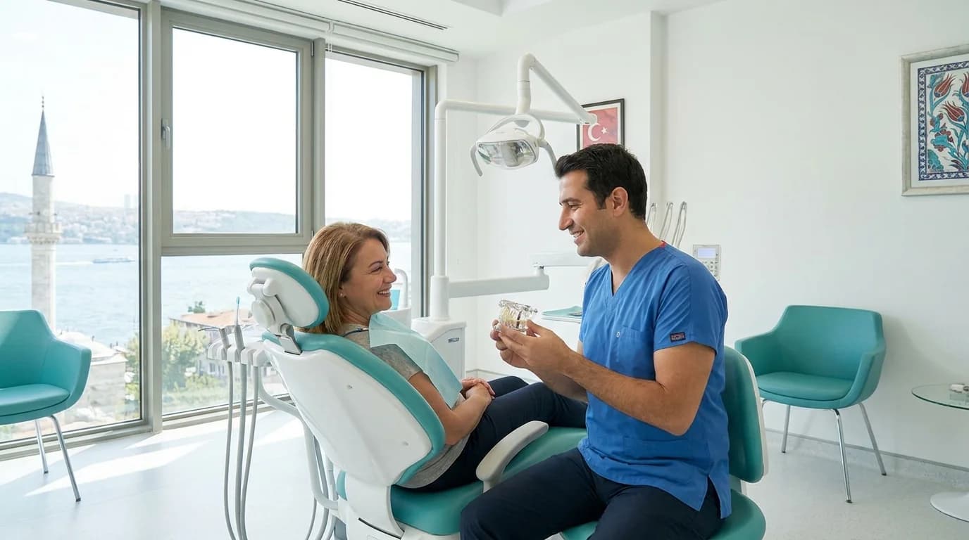 Dentist showing a dental implant model to a patient at a modern clinic in Istanbul
