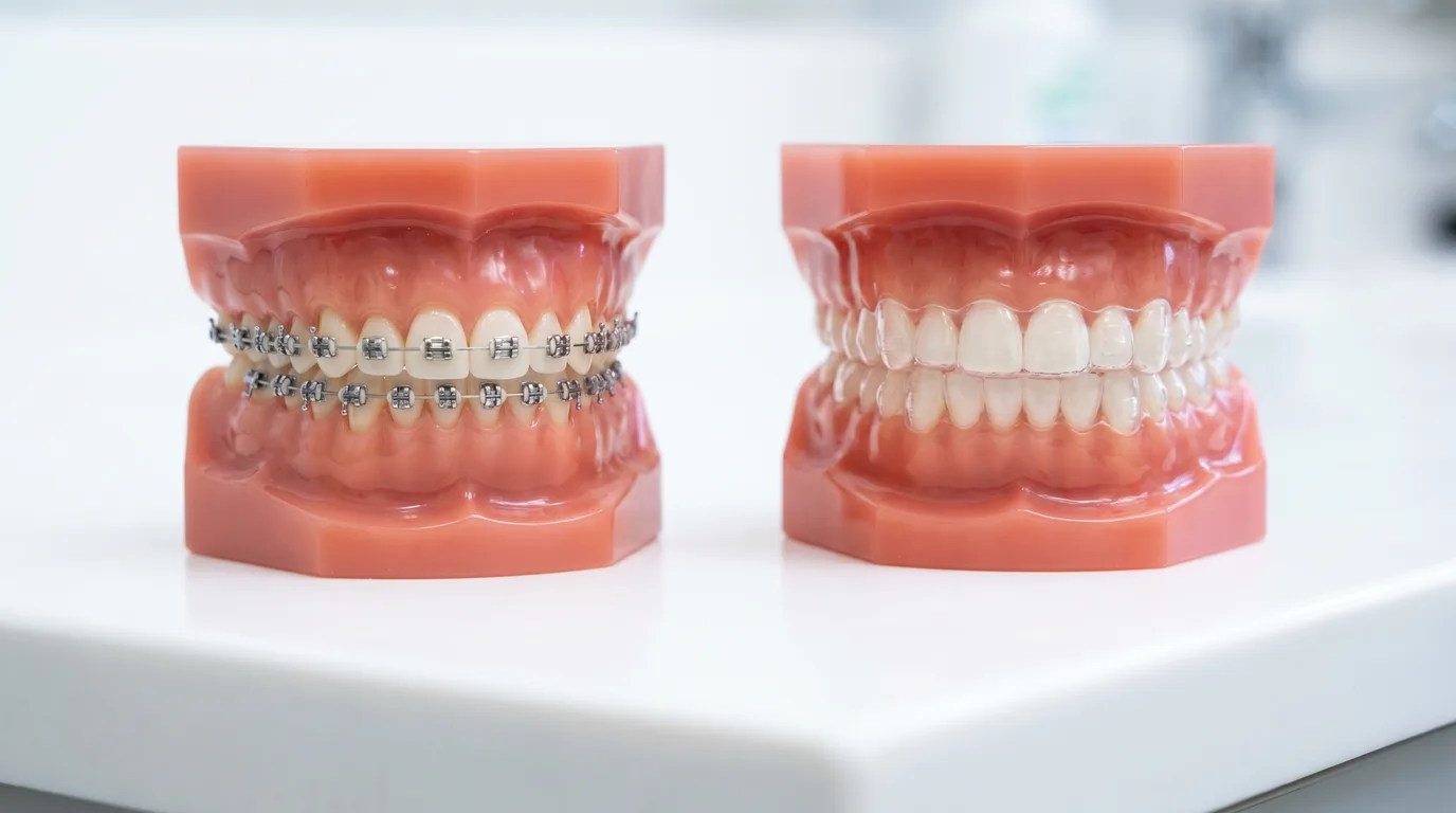 Metallspange im direkten Vergleich mit einem transparenten Aligner auf Zahnmodellen