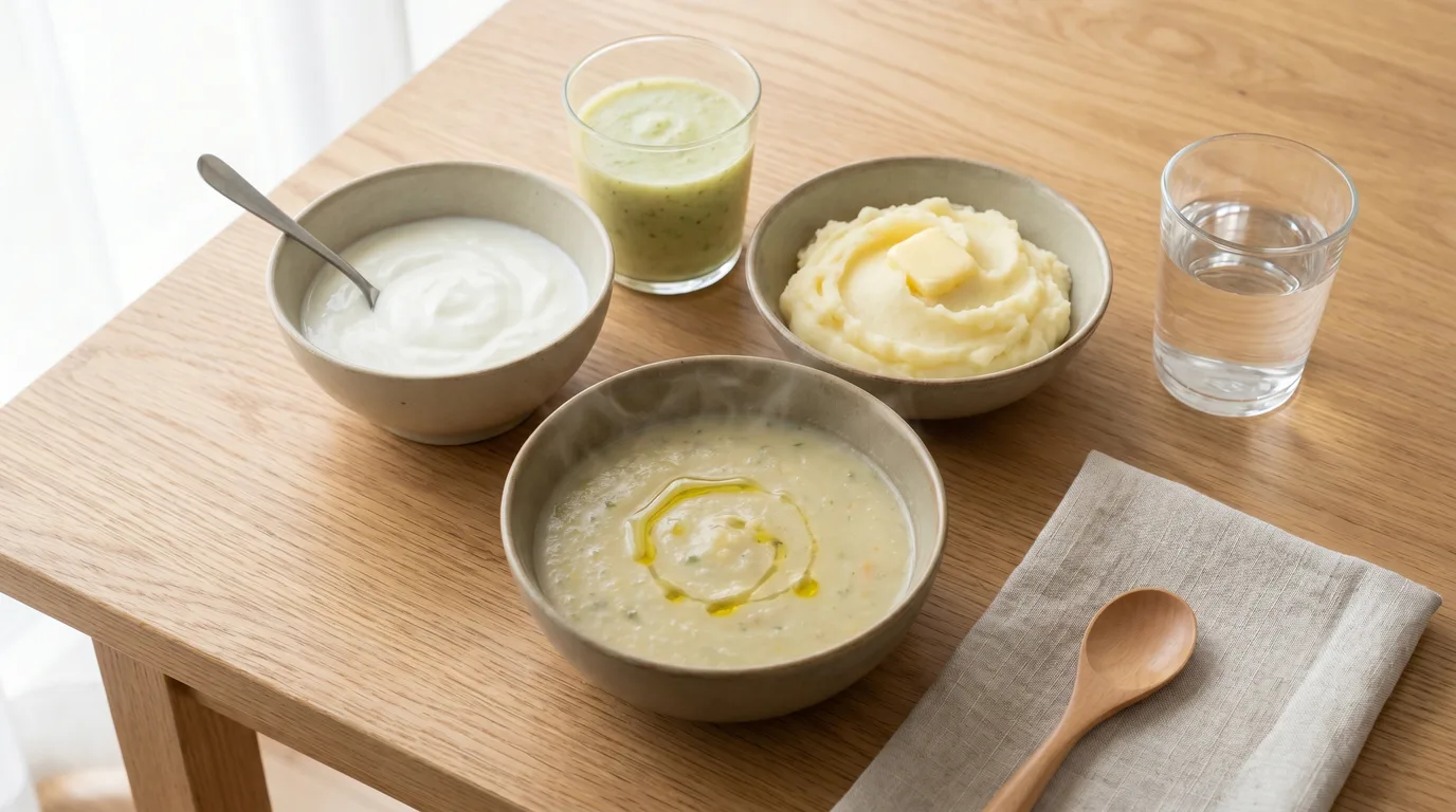 Weiche, lauwarme Kost nach einer Wurzelbehandlung: Joghurt, Suppe, Kartoffelpüree, Smoothie und Wasser