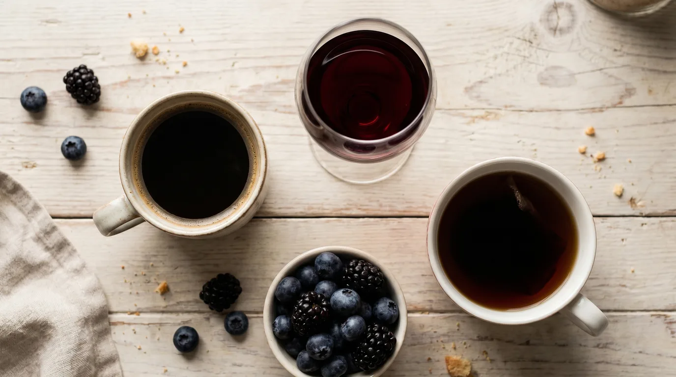 Băuturi care pătează dinții și estompează albirea: cafea, vin roșu, ceai și fructe de pădure închise la culoare