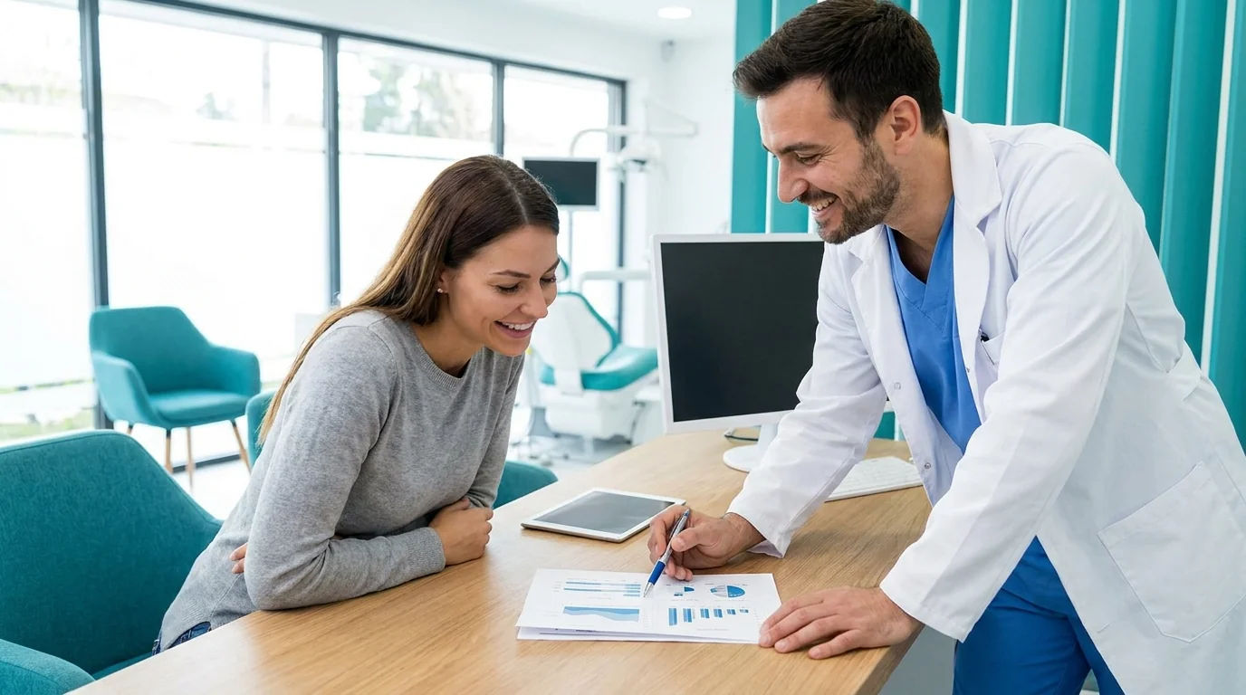 A dentist explaining a transparent dental implant price breakdown to a patient at a modern clinic