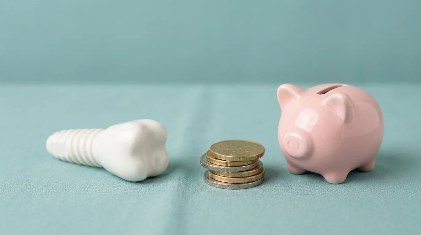 A dental implant model beside euro coins and a piggy bank, illustrating affordable implant costs in Turkey