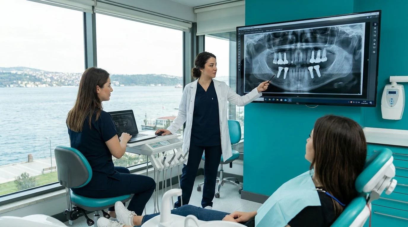Zahnarzt prüft ein Panorama-Röntgenbild zur Planung der Implantatbehandlung in Istanbul