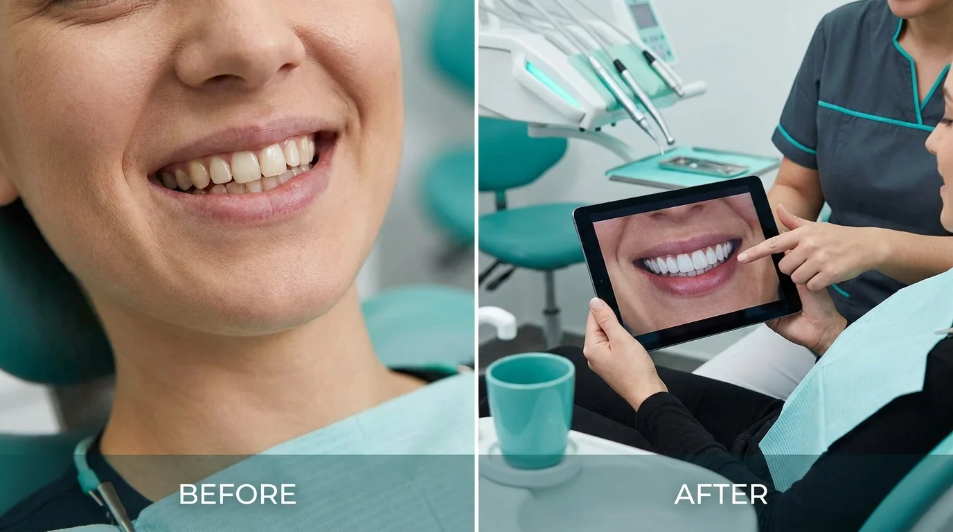 Digital smile design mockup showing before and after transformation with custom veneer design